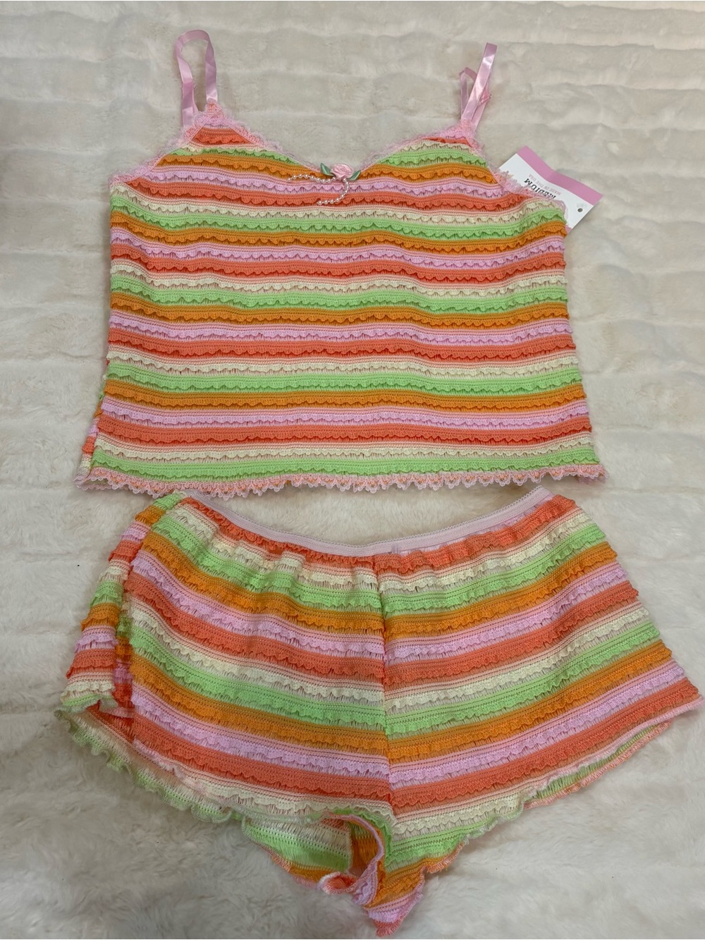 Multicolor Stripe Lace Trim Pajama Set - Pink/Green/Orange handmade